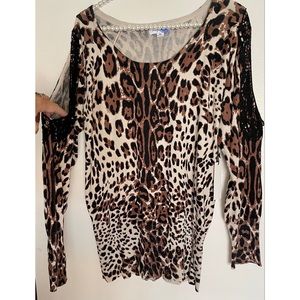 New Indigo Rose Cold Shoulder Lace Leopard Cheetah Top Sweater M